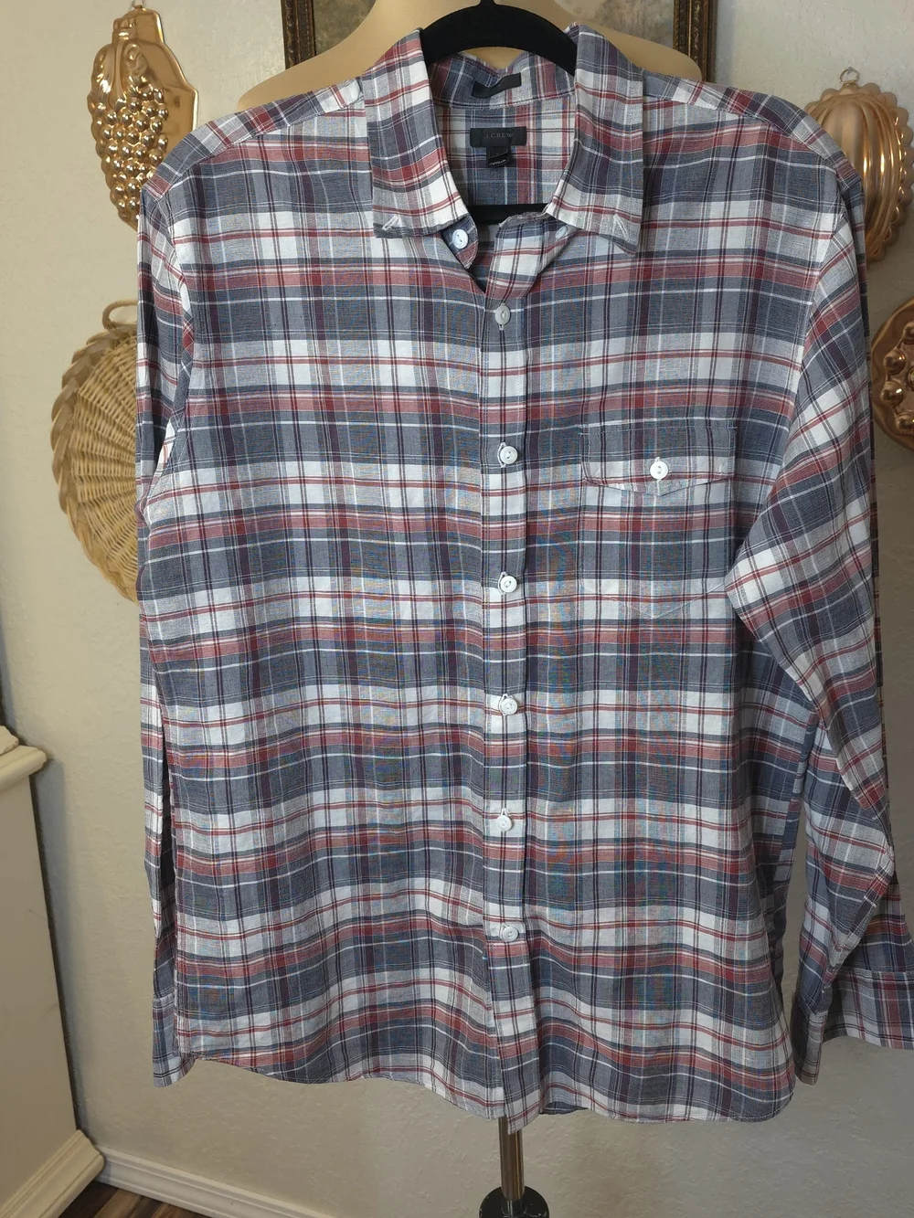 J.Crew Slim Irish Linen Plaid Button-Down Shirt Preppy Classic Old Money